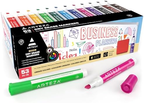 ARTEZA Dry Erase Markers, 52 Pack, 12 Assorted Colors, Low-Odor Whiteboard Markers with Japanese Chisel Tips for Offices, Classrooms, Planning Boards, Glass, and Plastic
