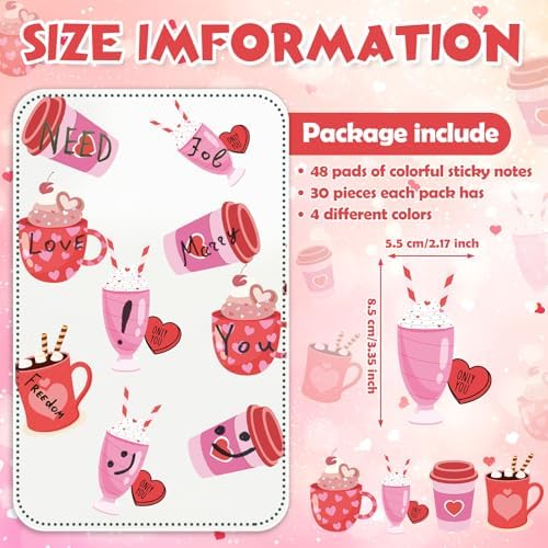 48 Pads 1440 Sheets Valentines Day Sticky Notes Heart Note Pad Self Adhesive Memo Pads Teachers Appreciation Gifts Cute Gifts