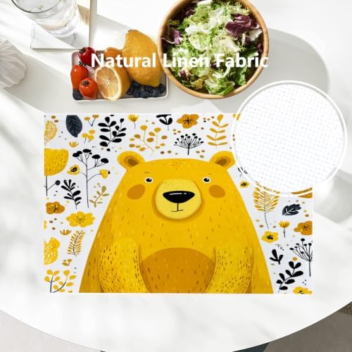 Batmerry Cute The Bear in Mineral Yellow Placemats, Floral Background Washable Linen Table Mats for Kitchen Table Double Insulation Decor Dining Set Indoor Outdoor 12X18 in Set of 6