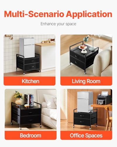 VEVOR Mini Fridge Stand with Storage, 176 lb-Capacity Mini Fridge Table with 2 Drawers & 4 Swivel Wheels, Mobile Mini Fridge Shelf, Black Mini Fridge Organizer for Dorm, Apartment, Office, Bedroom