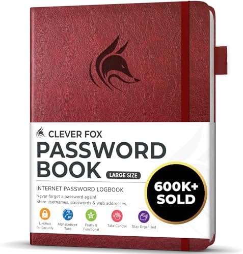 Clever Fox Password Book with Alphabetical Tabs, 7"x10" Keeper Wine Red