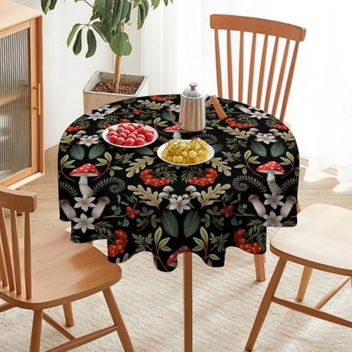 Autumn Mushroom Tablecloth, Rustic Vintage Farmhouse Mushrooms Fern Berries Leaves Botanical Print Table Cover for Outdoor Party Picnic Kitchen Dinning Table Decor, 36x36in