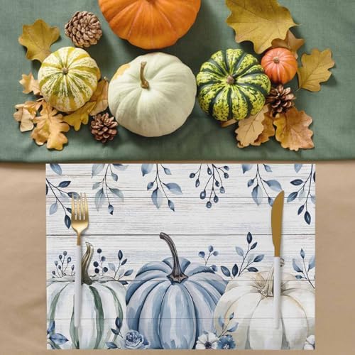 Fall Placemats Set of 4, Blue Pumpkin Place Mats White Blue Pumpkins Eucalyptus Wooden Tablemats Harvest Thanksgiving Placemat Table Decoration for Kitchen Table Holiday Dinner Party Autumn Home Decor