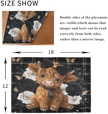 ALAZA Highland Cow Rose Butterfly 1 PC Placemats Rectangle Table Mat for Dining Table Restaurant Kitchen Home Decor, 12" x 18"