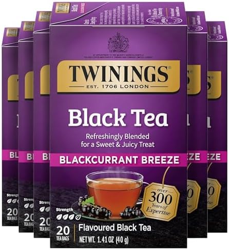 Twinings Blackcurrant Breeze Black Tea Individually Wrapped Bags, 20 Count (Pack of 6), Sweet, Tangy Taste, Caffeinated, Enjoy Hot or Iced, 120 Teabags