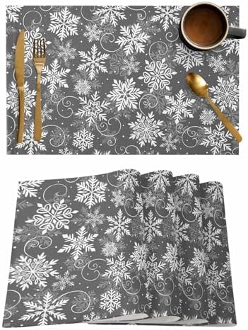 Christmas Placemat 1PC, Grey White Snowflakes Pattern Heat Resistant Washable Table Place Mats Winter Cotton Table Linens Party Holiday Decor for Kitchen Dining Outdoor Indoor