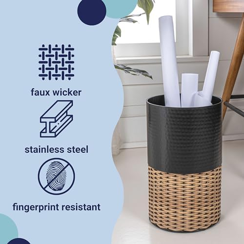 happimess Asher 4.13 Gal Faux Wicker Cylinder Waste Basket, Black/Natural