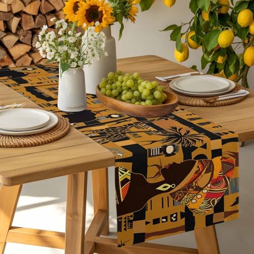 Black African Female Table Runner Dresser Scarf 13 x 120 Inch Elephant Giraffe Ethnic Wind Brown Black Table Runners Non-Slip Heat Resistant Kitchen Dining Table Decor for Home Holidays Indoor Outdoor