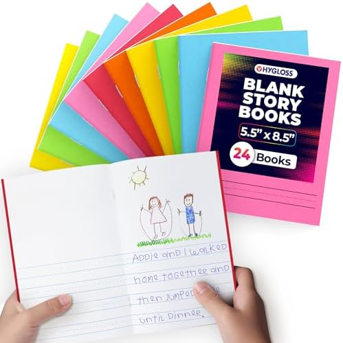 Hygloss Half Blank Books for Kids to Write Stories & Illustrate – Bulk 24 Pack – 5.5" x 8.5" A5 Primary Journal for Grades K-2, Preschool/Kindergarten Notebook with Picture Space – 24 Pages, Colored