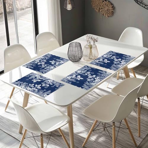 Blue Christmas Placemat 1PC, Floral Pine Leaf Xmas Balls Heat Resistant Washable Table Place Mats White Winter Holidays Cotton Table Linens Party Holiday Decor for Kitchen Dining Outdoor Indoor
