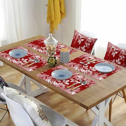 Red Christmas Placemat 1PC, Floral Pine Leaf Xmas Balls Heat Resistant Washable Table Place Mats White Winter Holidays Cotton Table Linens Party Holiday Decor for Kitchen Dining Outdoor Indoor