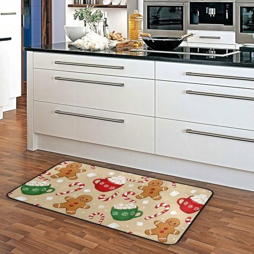 Christmas Gingerbread Man Kitchen Rug Winter Cane Candy Kitchen Mat Floor Mats Non Slip Rug for Indoor Bedroom Living Room Bathroom Home Decor 39" X 20"