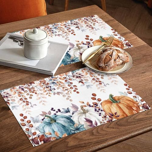 Fall Thanksgiving Placemats Set of 4, Watercolor Pumpkins Eucalyptus Leaves Heat Resistant Washable Linen Table Place Mats Party Holiday Decor for Home Kitchen Dining Outdoor Indoor, Blue Orange