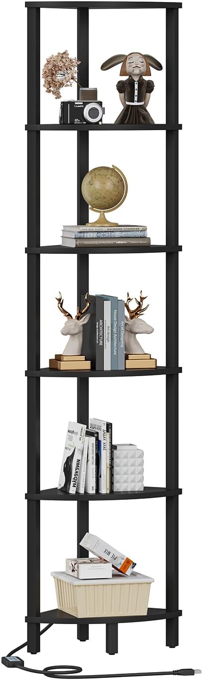 VIMBER 6-Tier Corner Shelf with LED Light, Industrial Corner Ladder Shelf, Rustic Display Shelf for Living Room, Bedroom, Kitchen, Home Office, Sturdy Frame, Black UJSJ002B
