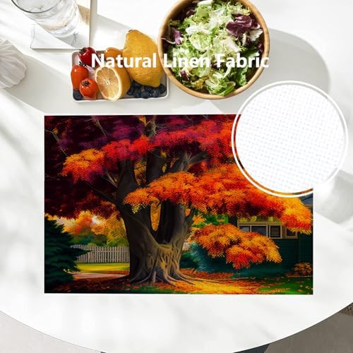 Batmerry Autumn Maple Trees Linen Placemats Set of 4, Fiery Red Leaves Houses Gardens Washable Table Mats for Kitchen Table Thickened Heat Insulation Dining Set Indoor Outdoor 12X18 in