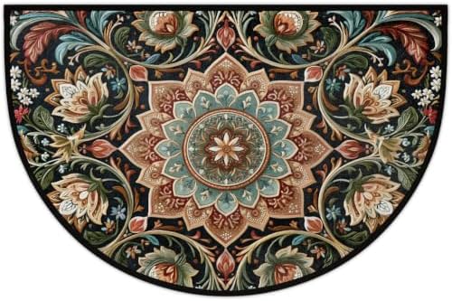 Boho Flower Half Round Door Mat Non Slip Washable Semi Circle Area Rug Absorbent Soft Half Moon Rug Floor Mat for Indoor Outdoor Kitchen Bathroom Patio Front Door Mat Decor