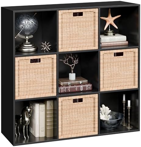 JupiterForce 9 Cube Storage Organizer Wooden Display Shelf W/ 5 Removable Back Panels, Customizable Bookcase Bookshelf for Home, Office, Bedroom and Living Room (Black)