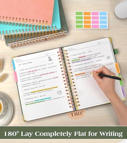 Spiral Notebook Journal with Removable Dividers Tabs, 300 Pages Hardcover Leather 5 Subject College Ruled Notebook, 6.1"x8.2" A5 Lined Journal for Women Men, Spiral Notebook for Work School,Green