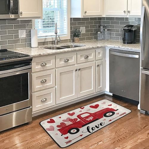 Aslsiy Retro Red Truck Hearts Love (12) Kitchen Rug Kitchen Mats Valentines Floor Comfort Welcome Washable Non Slip Area Rug for Home Decor 39" X 20"