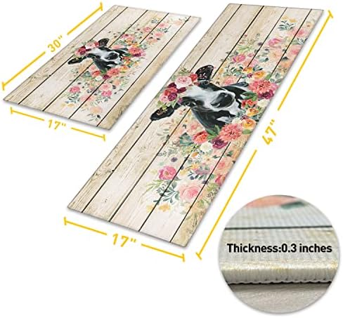 Cow Kitchen Rugs and Mats for Floor 2 Piece Sets, Wood Grain Floral Floor Mat for Kitchen, Farmhouse Cow Kitchen Mat in Front of Sink for Standing for Country Kitchen Decor 17"X30"+17"X47"