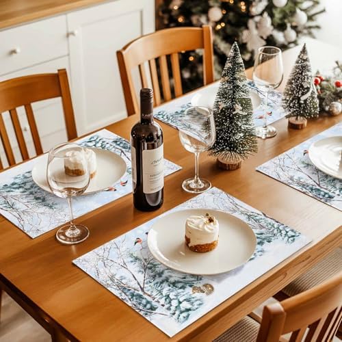 Christmas Placemats Set of 4, Snowman Squirrel Bird Heat Resistant Washable Dining Table Mats Xmas Holiday Farmhouse Decor for Kitchen&Linens Outdoor Indoor, Pine Tree Branch Snowflake
