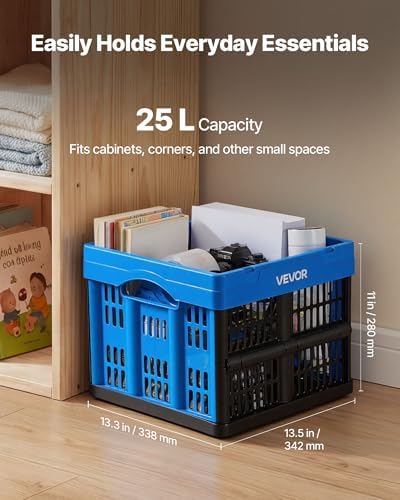 VEVOR Plastic Collapsible Storage Bins, 25L 3 Packs, Stackable Folding Storage Crates with Handles, Holds 22 lbs Per Bin, Foldable Heavy Duty Containers, Space-Saving Baskets, for Home Organizing