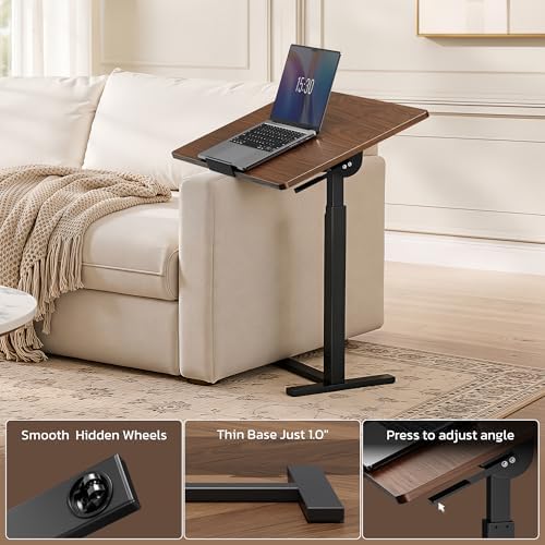 Mobile Standing Desk Adjustable Overbed Table, Pneumatic Height Adjustable Rolling Laptop Desk with Hidden Wheels, 0-180°Tilt Top Rolling Computer Cart Foldable for Home Office, Craft & Study, Brown