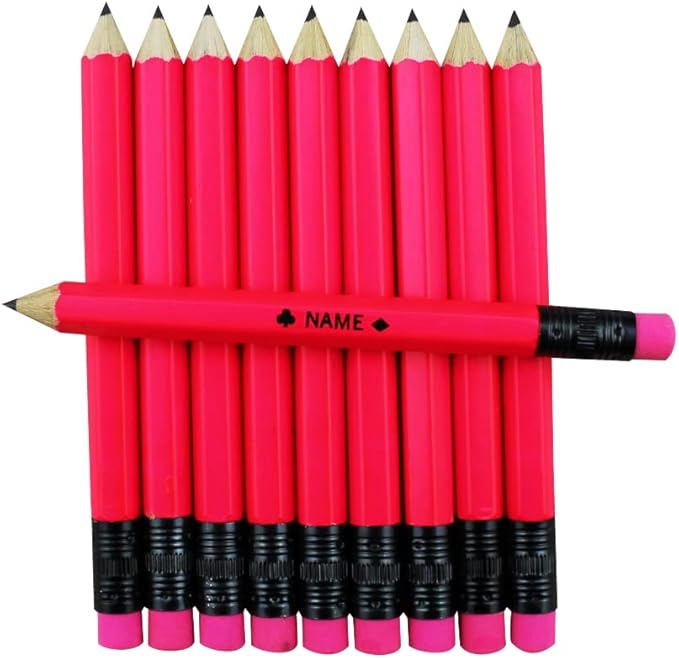 EZPENCILS & GIFTS - Golf Pencils Tipped with Eraser (1/2 a Pencil - Pew Pencils) - Neon Pink Colored Barrel - FREE-PERSONALIZATION - 2HB Black Lead - Custom Text - Non-Smear Eraser – Package of 80