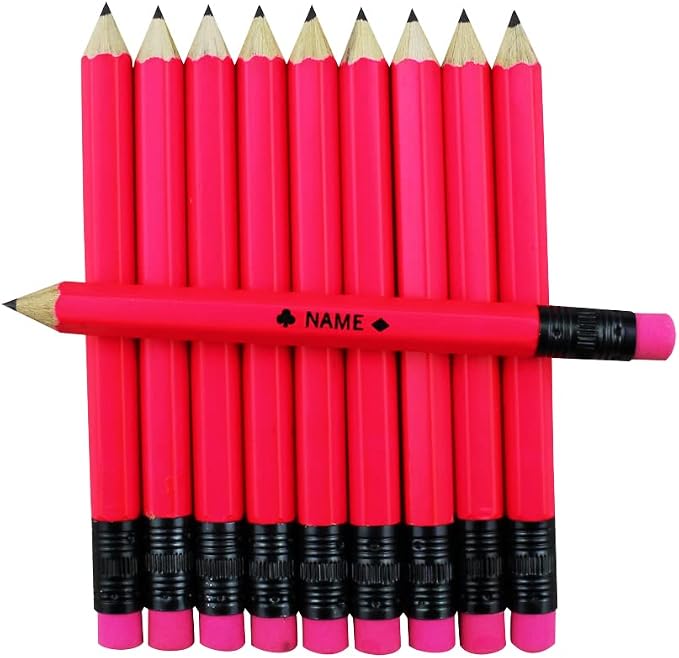 EZPENCILS & GIFTS - Golf Pencils Tipped with Eraser (1/2 a Pencil - Pew Pencils) - Neon Pink Colored Barrel - FREE-PERSONALIZATION - 2HB Black Lead - Custom Text - Non-Smear Eraser – Package of 40
