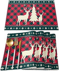 Christmas Trees Reindeer Elk Placemats Set of 4, Red Holiday Buffalo Checkered Plaid Cotton Line Stain Resistant Table Mats Washable Holidays Placemat Decoration For Kitchen Dining Table Farmhouse