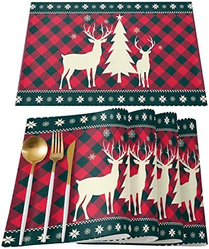 Christmas Trees Reindeer Elk Placemats Set of 4, Red Holiday Buffalo Checkered Plaid Cotton Line Stain Resistant Table Mats Washable Holidays Placemat Decoration For Kitchen Dining Table Farmhouse