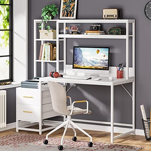 Tribesigns 55 Inch Computer Desk with 2 Drawers and Storage Shelves, Rustic Office Desk with Hutch, Study Writing Gaming Table Laptop Workstation for Home Office (White)