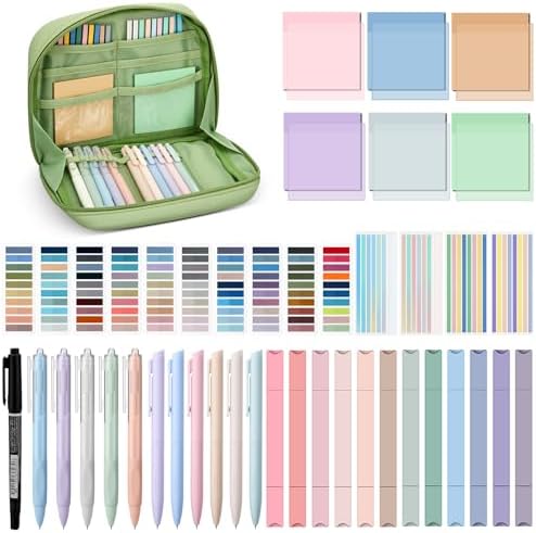 135 Pcs Book Annotation Kit Aesthetic Pencil Case Bag 12 Highlighter 11 Gel Pen 1 Marker 300 Sheet Transparent Sticky Notes Pad 2640 Index Stickers Bible Study Supplies(Kawaii,Green)