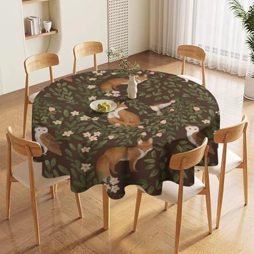 Woodland Animals Tablecloth, Rustic Forest Fox Owl Bird Green Plants Leaves Print Table Cover for Farmhouse Kitchen Dinning Indoor Outdoor Party Decor, 70x70in