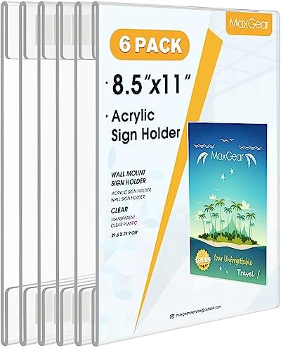 MaxGear Acrylic Sign Holder 8.5 x 11 Wall Mount, 6 Pack, Vertical