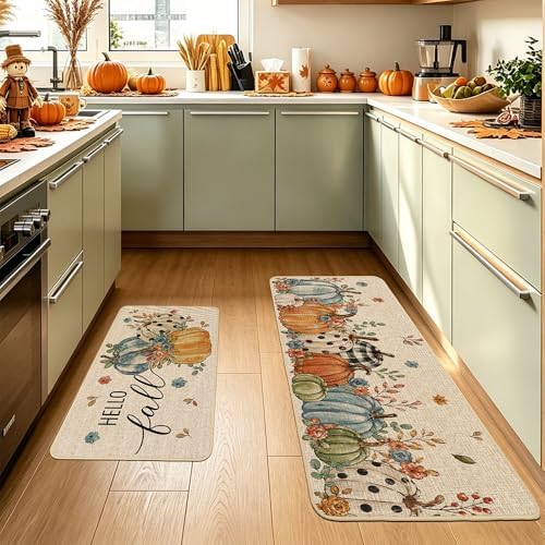 Baccessor Fall Kitchen Rugs Set of 2, Blue Pumpkins Floral