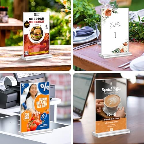 Acrylic Sign Holder 5x7,6 Pack Clear Plastic Table Display Vertical Double-Sided Desktop Display Stand Paper Holder Clear Table Sign Holder for Menu ad Frame Suitable Restaurants Meeting Office Store