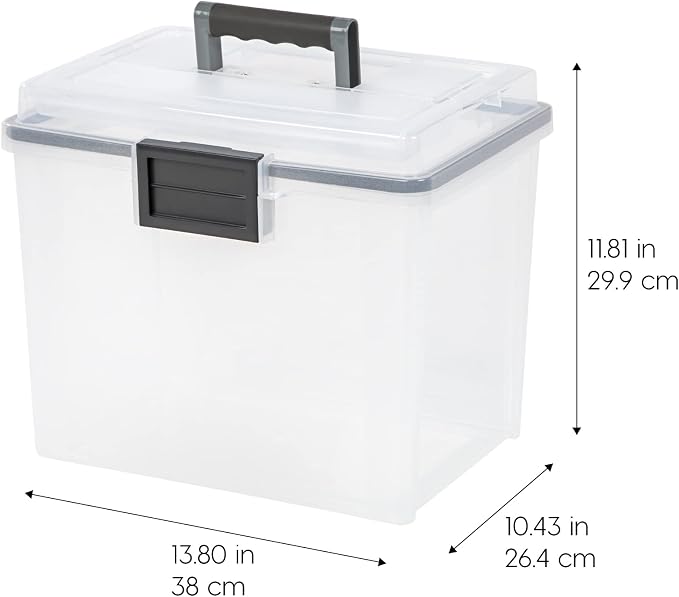IRIS USA WeatherPro Portable File Box Organizer, 19 Qt. 4-Pack, Clear | Store and transport letter size files, documents and records with weather resistant protection and secure latching
