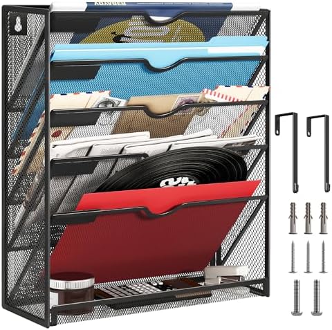Lavatino 6-Tier Mesh Hanging Wall File Organizer with Hooks – No Installation Needed, Paper Mail Organizer Wall-Mounted File & Magazine folder Holder for Office and Home (Black)