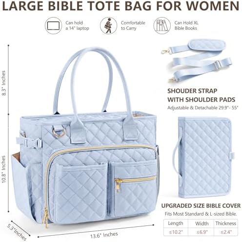 Large Bible Bag with Bible Cover Case for Women, Quilted Church Tote Bag