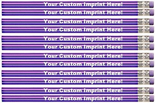 Personalized Custom Pencils - Round - Glitz & Glitter Full Color Print w/your name, message, text or logo - Made in USA - Great gift ideas - 12/Set (PURPLE WITH A PUNCH METALLIC FOIL)