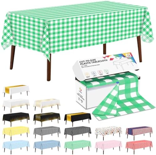 CXPSINC 54 Inch X 300 Feet Plastic Table Cover Roll Disposable Tablecloth with Slide Cutter for All Type/Shape Tables | Party, Banquet, Birthdays, Weddings(Green Checkered, 300 Feet)