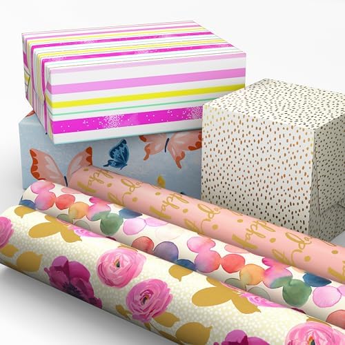 Hallmark Pretty Wrapping Paper with Cutlines on Reverse (6 Rolls: 180 Square Feet Total) Flowers, Butterflies, Stripes, Dots for Birthdays, Mother's Day, Valentine's Day