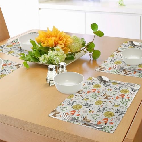 Lunarable Animals Place Mats Set of 8, Woodland Forest Animals Trees Birds Owls Fox Bunny Deer Raccoon Mushroom Print, Washable Fabric Placemats for Dining Table, Placemat 8 pcs, Brown Orange