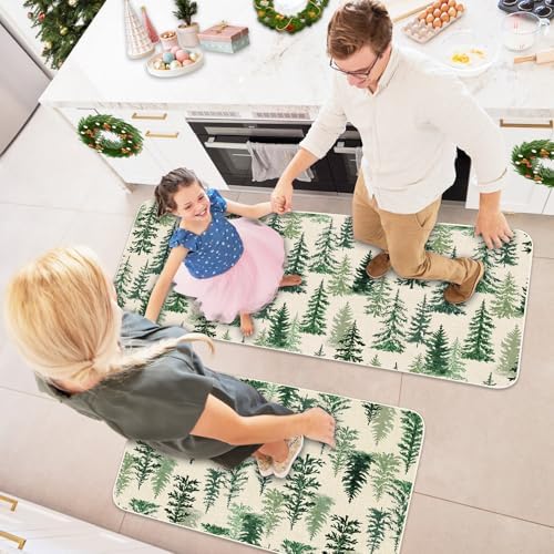 JarThenaAMCS Christmas Kitchen Mat Set of 2 Watercolor Cedar Forest Kitchen Floor Mats Winter Trees Non-Slip Door Rugs for Xmas Holiday Home Entrance Decor