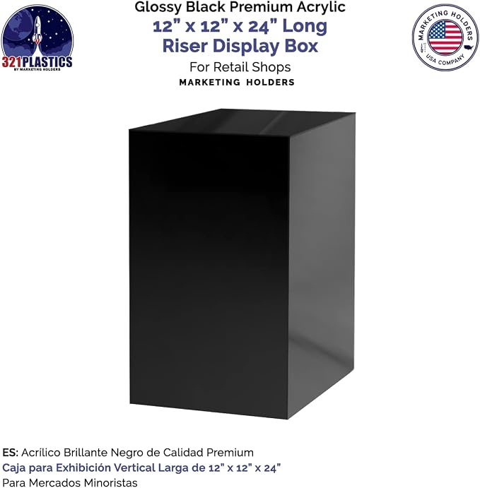 Marketing Holders Black Acrylic POP Display Box with One Open Side Versatile Vertical Column Plinth 12" x 12" x 24" Merchandise Retail Product Riser Plinth No Assembly