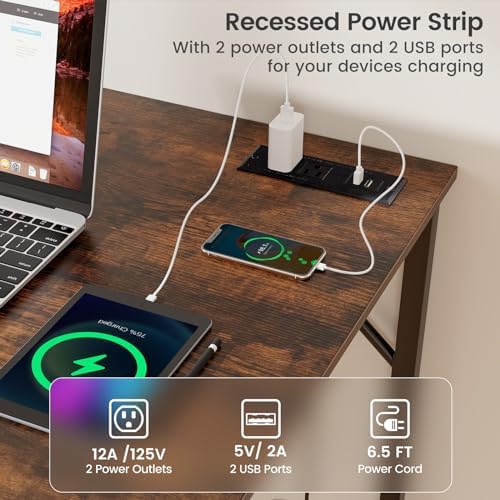 COSTWAY Home Office Desk, 32 Inch Computer Desk with Recessed Power Strip, Storage Bag & Headphone Hook, Wide Desktop, Modern Computer Workstation Writing Table for Home, Office (Rustic Brown + Black)