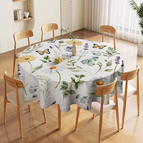 Watercolor Wildflowers Tablecloth, Summer Daisy Lavender Eucalyptus Branches Leaves Print Table Cover for Tea Party Weddings Indoor Outdoor Dining, 70x70in