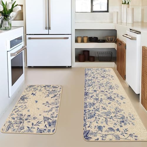 Baccessor Blue Floral Kitchen Mats Set of 2,Summer Kitchen Rugs for Floor Monochrome Sketch Non Slip Low-Profile Seasonal Summer Home Decor 17x29 and 17x47 Inch