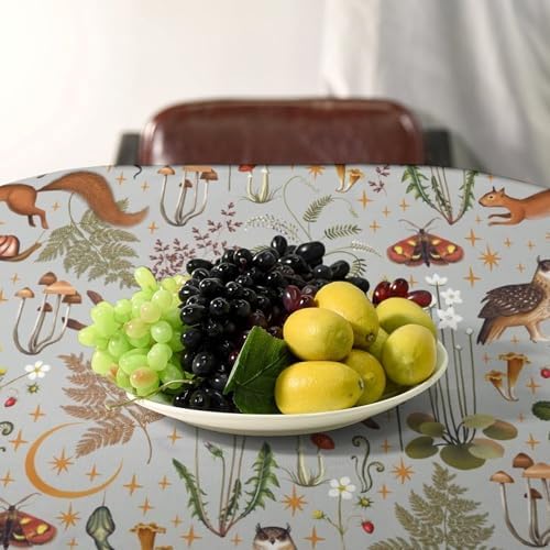 Woodland Animal Tablecloth, Grey Country Forest Hare Squirrel Owl Snake Snail Flowers Mushroom Print Table Cover for Picnic Party Holiday Home Kitchen Dining Table Decor 55x55in
